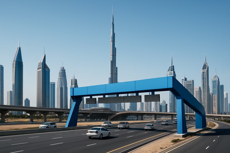 Dubai skyline with modern highway and toll gate Dubai skyline with modern highway and toll gate