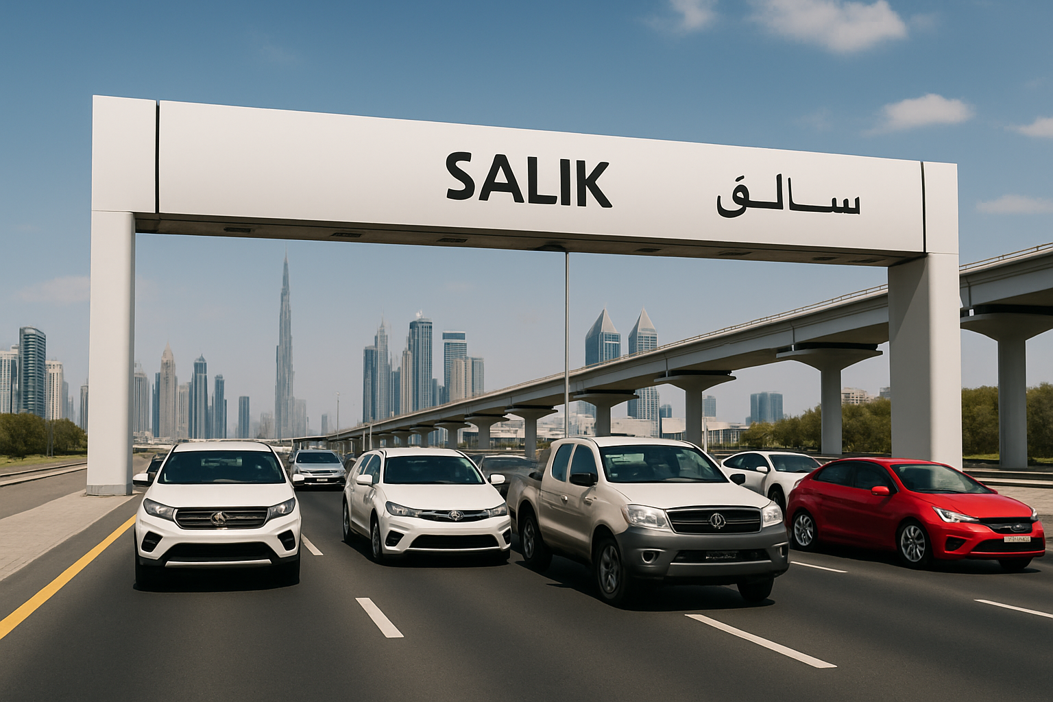Vehicles passing through a Dubai toll road during daytime